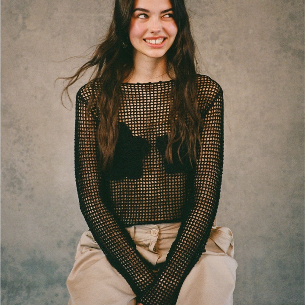 Realisation Par Black Mesh Long-Sleeve Crop Top